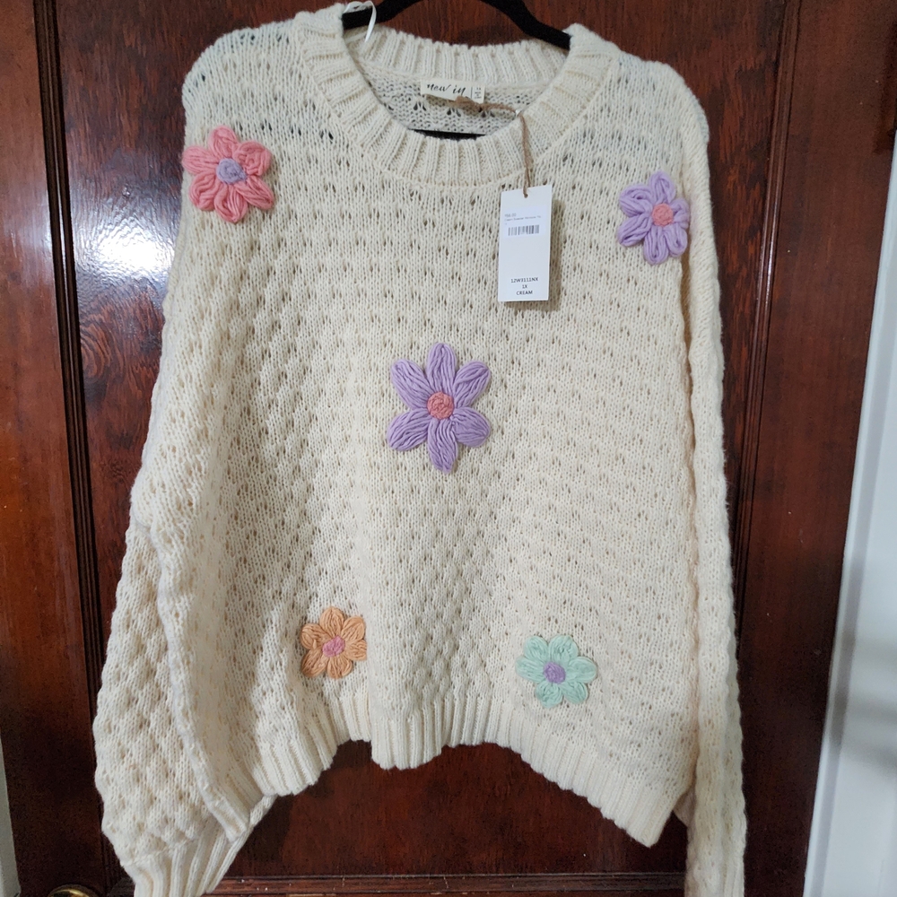 Cream Floral Knit Sweater with Pastel Accents
